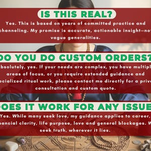 K&ouml;nnte beinhalten: Bild mit Text auf bordeauxrotem Hintergrund. Die Fragen lauten: "IS THIS REAL?", "DO YOU DO CUSTOM ORDERS?" und "DOES IT WORK FOR ANY ISSUE?" Antworten sind unter jeder Frage angegeben. Das Bild zeigt eine Person mit Halskette.