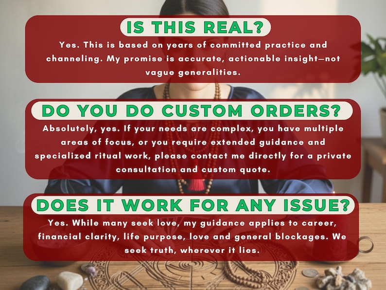 K&ouml;nnte beinhalten: Bild mit Text auf bordeauxrotem Hintergrund. Die Fragen lauten: "IS THIS REAL?", "DO YOU DO CUSTOM ORDERS?" und "DOES IT WORK FOR ANY ISSUE?" Antworten sind unter jeder Frage angegeben. Das Bild zeigt eine Person mit Halskette.