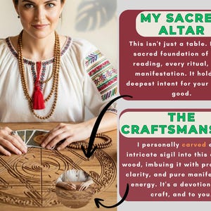K&ouml;nnte beinhalten: Eine Frau mit einer Holzkette und einem Armband sitzt an einem Holztisch mit geschnitzten geometrischen Mustern. Der Tisch wird als heiliger Altar f&uuml;r Lesungen und Rituale beschrieben. Der Text auf dem Bild lautet "My Sacred Altar" und "The Craftsmanship."