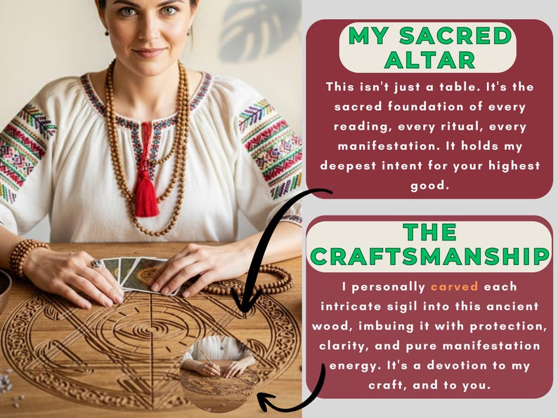 K&ouml;nnte beinhalten: Eine Frau mit einer Holzkette und einem Armband sitzt an einem Holztisch mit geschnitzten geometrischen Mustern. Der Tisch wird als heiliger Altar f&uuml;r Lesungen und Rituale beschrieben. Der Text auf dem Bild lautet "My Sacred Altar" und "The Craftsmanship."