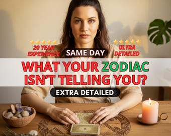 May include: A woman sits at a wooden table with tarot cards, a lit candle, and a bowl of stones. The text overlay reads "WHAT YOUR ZODIAC ISN'T TELLING YOU?" with additional text indicating "20 YEAR EXPERIENCE" and "EXTRA DETAILED".