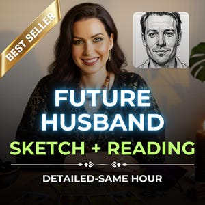 May include: Image promoting a service offering a sketch and reading about a future husband. The text reads "FUTURE HUSBAND SKETCH + READING DETAILED-SAME HOUR". A "BEST SELLER" banner is in the upper left corner.