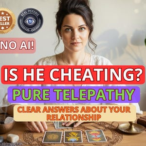 Puede incluir: Imagen de una mujer de cabello oscuro y piel clara sentada en una mesa de madera. Superposiciones de texto que dicen "IS HE CHEATING?" y "PURE TELEPATHY". Se ven cartas del tarot, junto con el texto "CLEAR ANSWERS ABOUT YOUR RELATIONSHIP".