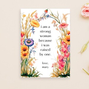 Tarjeta personalizable para el Día de la Madre con flores silvestres, diseño de mujer fuerte, plantilla imprimible digital, 5x7