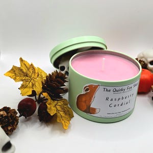 May include: A green candle jar with a pink candle inside. The jar has a fox illustration and the text "The Quirky Fox Shop Handmade Soy Candles Raspberry Cordial".
