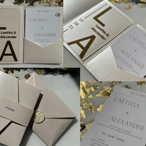 Luxuriöse Hochzeitseinladung klarem Acryl Pocketfold mit Goldfolie, Wachssiegel, Stempel und Einlegekarten