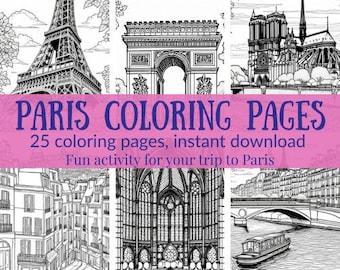 Libro para colorear de París, 25 hermosas páginas con emblemáticos monumentos y escenas de la ciudad. El regalo perfecto para los amantes de París. Arteterapia de viaje.
