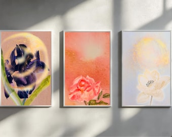 Tat Tvam Asi Iris Lotus Rose Watercolor Art Prints, Botanical Meditation Decor Set (3)