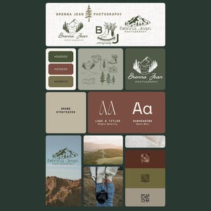 May include: A brand board for Brenna Jean Photography, featuring logos, color palettes, and design elements. The board includes mountain and tree illustrations, color swatches in shades of green, brown, and beige, and the text "Brenna Jean Photography".