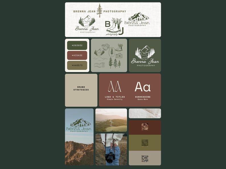 May include: A brand board for Brenna Jean Photography, featuring logos, color palettes, and design elements. The board includes mountain and tree illustrations, color swatches in shades of green, brown, and beige, and the text "Brenna Jean Photography".