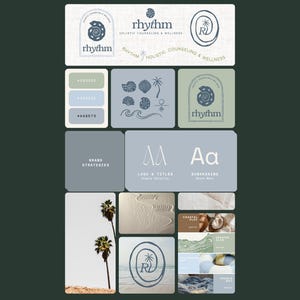 May include: A branding board featuring the "rhythm" logo with a seashell design, color palette, and brand strategy elements. The color scheme includes shades of blue, green, and beige. The board also includes images of palm trees and sand.