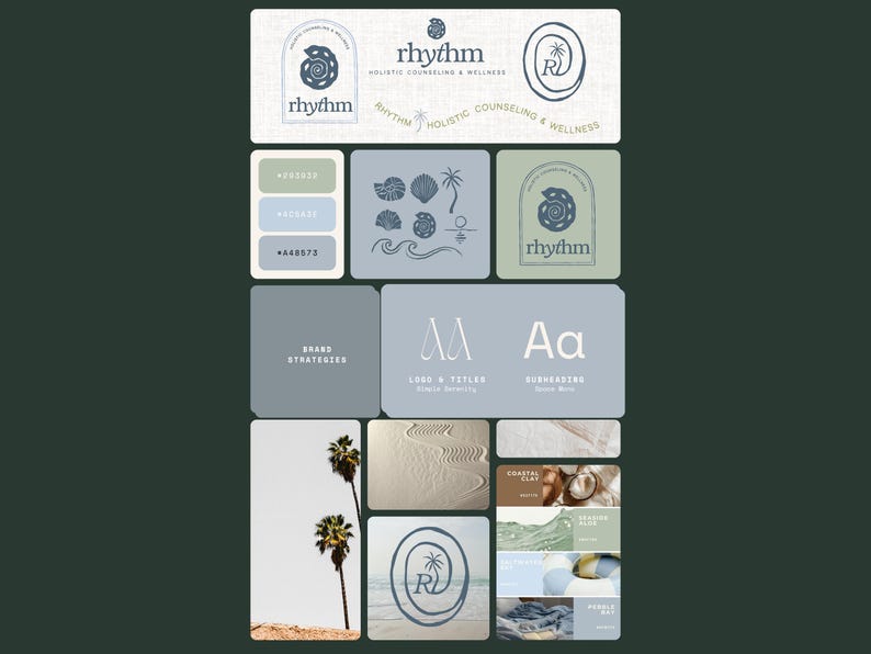 May include: A branding board featuring the "rhythm" logo with a seashell design, color palette, and brand strategy elements. The color scheme includes shades of blue, green, and beige. The board also includes images of palm trees and sand.