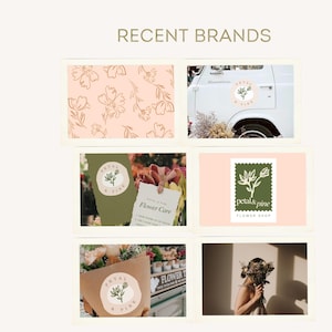 May include: A collage featuring the text "RECENT BRANDS" and several images. The images showcase floral designs, a van with a floral logo, and various branding elements for a flower shop, including logos and packaging.