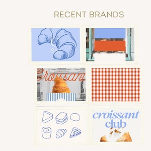May include: A collage of images featuring croissants and related imagery. Includes a blue sketch of a croissant, a storefront with a croissant, a red and white checkered pattern, and the words "croissant club".