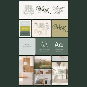May include: A design board featuring the "Morgan Knight Realtor" logo in various styles. The color palette includes shades of green, beige, and white. The board also showcases font pairings, brand strategy text, and a photo of a kitchen.