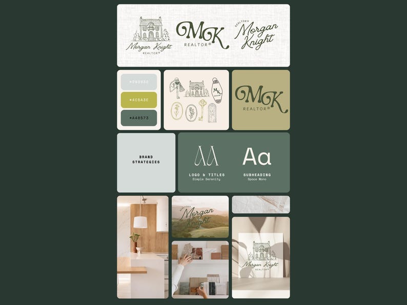 May include: A design board featuring the "Morgan Knight Realtor" logo in various styles. The color palette includes shades of green, beige, and white. The board also showcases font pairings, brand strategy text, and a photo of a kitchen.