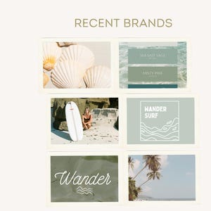 May include: A collage featuring six images with a beach theme. The top row shows seashells and business cards. The second row shows a person with a surfboard. The bottom row shows the word "Wander" and a beach scene.