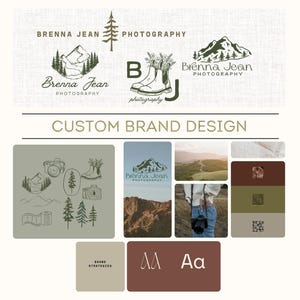 May include: A design board featuring logos and branding elements for Brenna Jean Photography. The logos include mountain and tree illustrations, along with the text "Brenna Jean Photography". The words "Custom Brand Design" are also displayed.