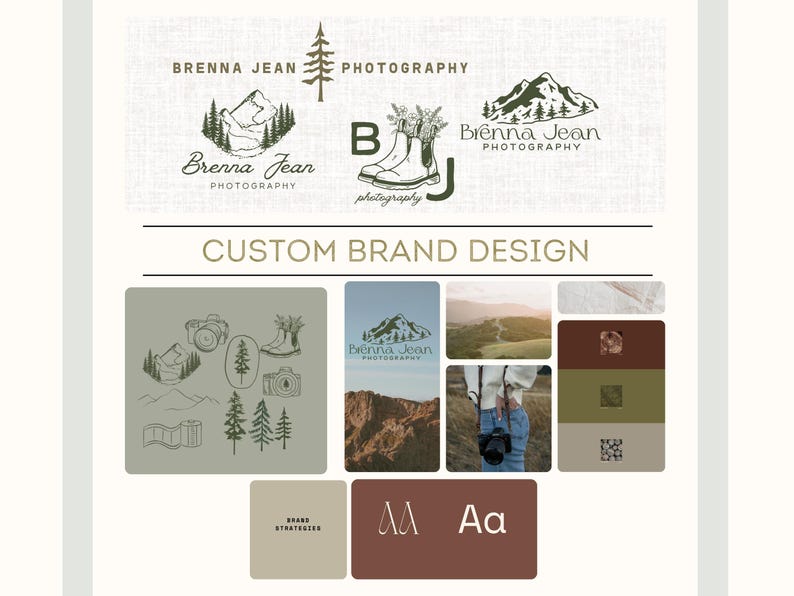 May include: A design board featuring logos and branding elements for Brenna Jean Photography. The logos include mountain and tree illustrations, along with the text "Brenna Jean Photography". The words "Custom Brand Design" are also displayed.