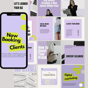 May include: A digital marketing agency advertisement with a phone displaying "Now Booking Clients" in black and yellow text. The image features various social media marketing tips and services, including web design and branding.