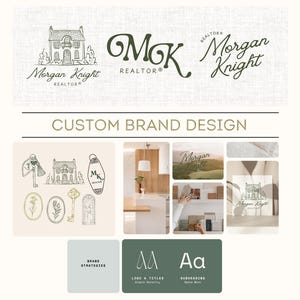 May include: A design board featuring the "Morgan Knight Realtor" logo and branding elements. The design includes a house illustration, logo variations, and sample design elements. The text "CUSTOM BRAND DESIGN" is also present.