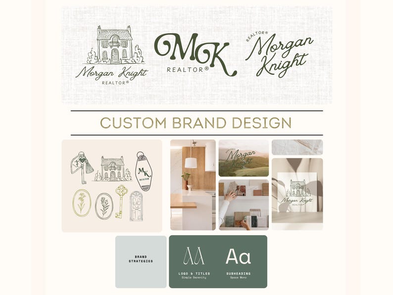 May include: A design board featuring the "Morgan Knight Realtor" logo and branding elements. The design includes a house illustration, logo variations, and sample design elements. The text "CUSTOM BRAND DESIGN" is also present.