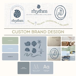 May include: A design board featuring the "rhythm" logo in multiple variations, with a seashell and palm tree motif. The color palette includes shades of blue, green, and beige. Text includes "HOLISTIC COUNSELING & WELLNESS" and "CUSTOM BRAND DESIGN."