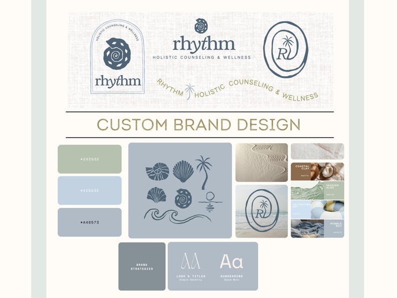 May include: A design board featuring the "rhythm" logo in multiple variations, with a seashell and palm tree motif. The color palette includes shades of blue, green, and beige. Text includes "HOLISTIC COUNSELING & WELLNESS" and "CUSTOM BRAND DESIGN."