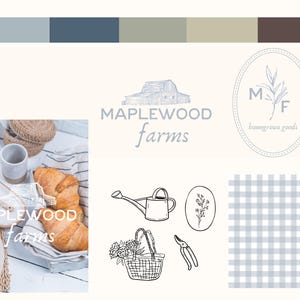 May include: A light beige graphic with a color palette and various illustrations. The image includes the text "MAPLEWOOD farms" and a logo with the initials "MF" and the words "homegrown goods". There are also line drawings of a barn, watering can, basket, and shears.