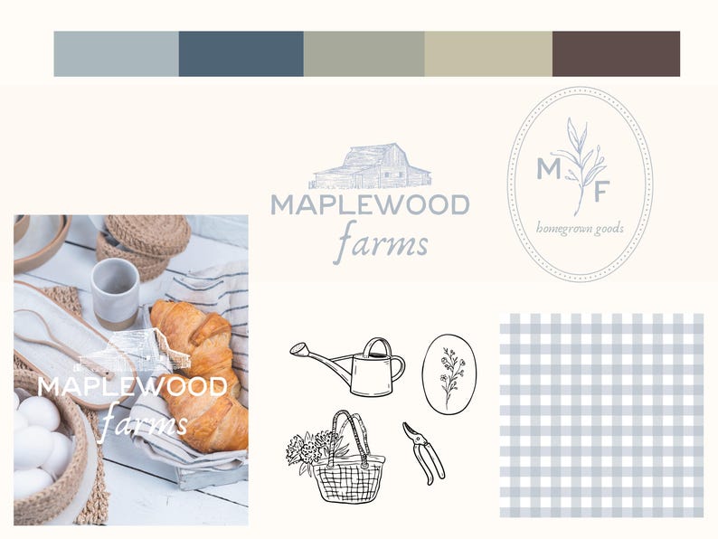 May include: A light beige graphic with a color palette and various illustrations. The image includes the text "MAPLEWOOD farms" and a logo with the initials "MF" and the words "homegrown goods". There are also line drawings of a barn, watering can, basket, and shears.