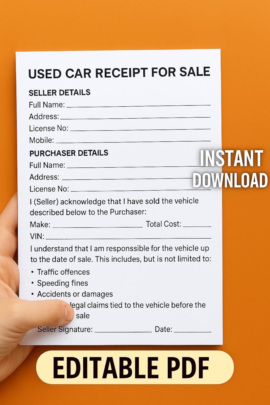 Used Car Sale Receipt Printable PDF Private Vehicle Sale Form (no