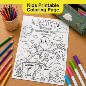 Faith Bible Verse Coloring Page for Kids | Mustard Seed Christian Mountain Coloring Sheet PDF | Matthew 17:20 Scripture Printable
