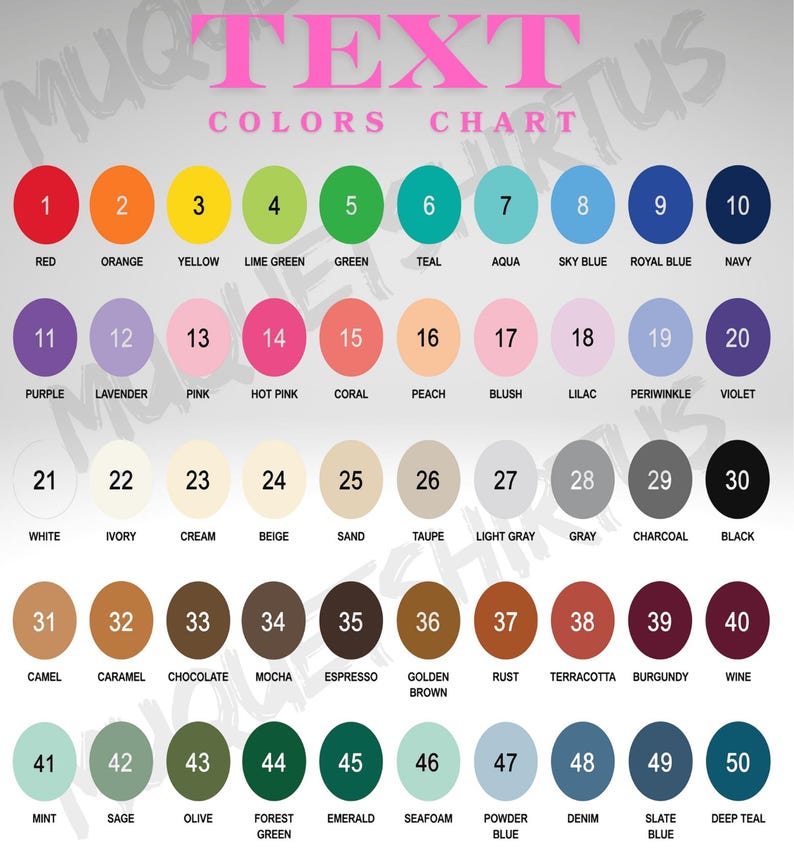 Pu&ograve; includere: Una tabella dei colori con 50 campioni di colore, ciascuno etichettato con un numero e un nome di colore. La tabella include una gamma di colori, dal rosso e arancione al verde acqua e blu navy, e include anche colori neutri.