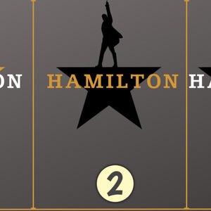 May include: Three variations of the "Hamilton" logo are displayed. Each features a silhouette of a person atop a star, with the word "HAMILTON" below. The first logo has a gold star and text, the second has a black star and gold text, and the third has a black star and white text.