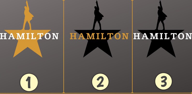 May include: Three variations of the "Hamilton" logo are displayed. Each features a silhouette of a person atop a star, with the word "HAMILTON" below. The first logo has a gold star and text, the second has a black star and gold text, and the third has a black star and white text.