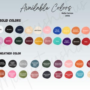 Pu&ograve; includere: Una tabella colori mostra una variet&agrave; di colori tinta unita e m&eacute;lange. Il testo "Available Colors" &egrave; in alto, con "Bella Canvas 3001" sotto. I colori tinta unita includono bianco, nero, blu navy e rosso. I colori m&eacute;lange includono nero m&eacute;lange e grigio scuro m&eacute;lange.
