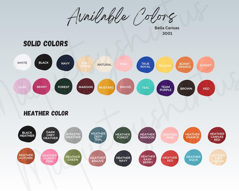 Pu&ograve; includere: Una tabella colori mostra una variet&agrave; di colori tinta unita e m&eacute;lange. Il testo "Available Colors" &egrave; in alto, con "Bella Canvas 3001" sotto. I colori tinta unita includono bianco, nero, blu navy e rosso. I colori m&eacute;lange includono nero m&eacute;lange e grigio scuro m&eacute;lange.
