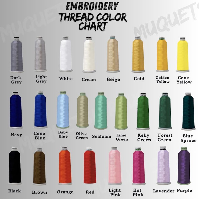 May include: An embroidery thread color chart displays a variety of thread colors, including dark grey, navy, and orange. The chart is labeled with the text "EMBROIDERY THREAD COLOR CHART". The thread spools are arranged in rows and columns.