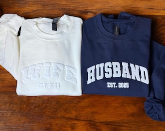 Wife Husband Custom Puff Design Sweatshirt, Tone on Tone, Honeymoon & Bridal Gift, Wifey Hubby Bride Crewneck, Personalized Puff Writing