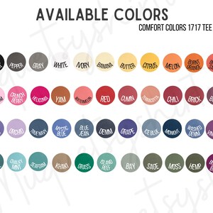 a variety of available colors for a 17-17 tee, including black, gray, white, banana, butterscotch, citrus, melon, bright orange, blush, cherry, heliola, yam, watermelon, red, cum, chili, brick, berry, violet, orchid, true navy, mystic blue, denim, grape, mint, seaweed, kahki, grass, islay, bay, sage, hen, boysen, and moss.