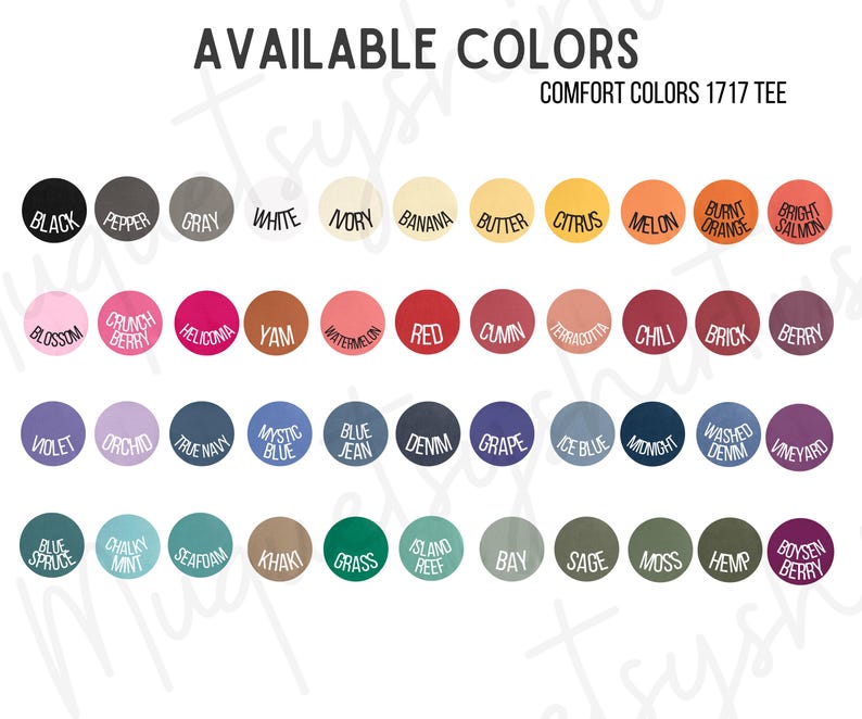 a variety of available colors for a 17-17 tee, including black, gray, white, banana, butterscotch, citrus, melon, bright orange, blush, cherry, heliola, yam, watermelon, red, cum, chili, brick, berry, violet, orchid, true navy, mystic blue, denim, grape, mint, seaweed, kahki, grass, islay, bay, sage, hen, boysen, and moss.