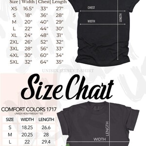 Pu&ograve; includere: Tabella delle taglie per t-shirt unisex Bella Canvas 3001 e Comfort Colors 1717. Include misure in pollici per le taglie XS-5XL. Il grafico mostra le dimensioni di petto, larghezza e lunghezza, con una grafica di t-shirt nera.