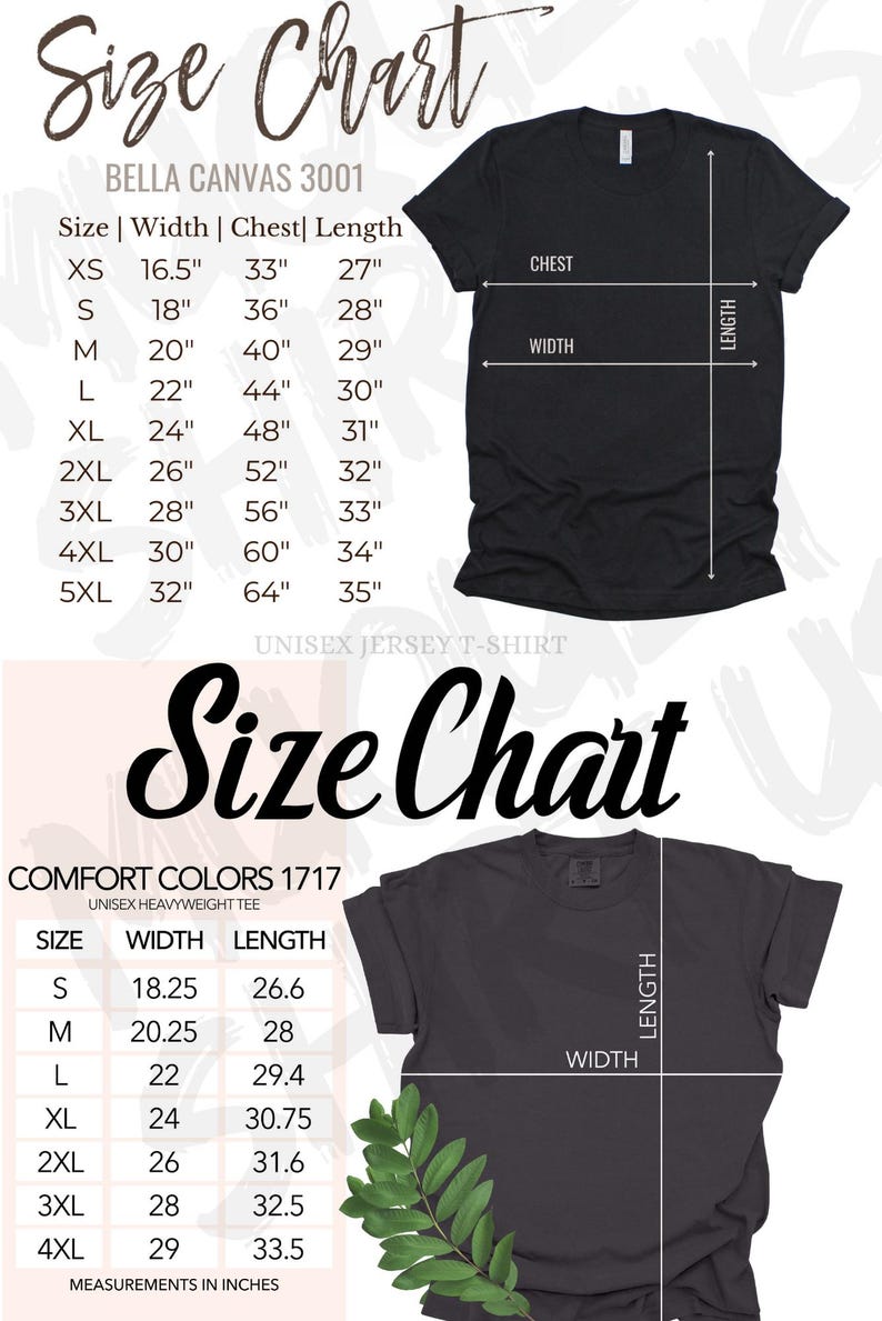 Pu&ograve; includere: Tabella delle taglie per t-shirt unisex Bella Canvas 3001 e Comfort Colors 1717. Include misure in pollici per le taglie XS-5XL. Il grafico mostra le dimensioni di petto, larghezza e lunghezza, con una grafica di t-shirt nera.