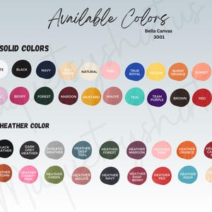 a variety of solid and Heather colors available for use in a product, specifically a product named "Bella Canvas" with a size of "30001".