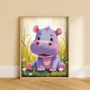 Arte de pared imprimible para guardería de hipopótamo bebé / Descarga digital de animales de la selva de safari / Arte de hipopótamo lindo para decoración de habitación infantil