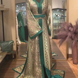 Caftan tendance Salma Green, ton uni fait main, kimono ouvert marocain, caftan, robe de ramadan, tenue de l&#39;Aïd, robe de mariée