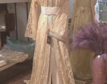 Beige Dentelle Moroccan Caftan: Handmade Silk Takchita Dress, Plain Embroidery, Elegant Abaya, Moroccan Caftan, Nikkah Dress