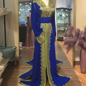 Caftan fantaisie bleu Samar, brodé de fils unis, robe marocaine, caftan, robe de mariée, caftan de mariage, robe Nikkah,