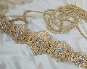 Moroccan  Gold belt for caftan with strings, wedding belt, hand crafted, gold Mdamma,Price including USA Duties tariff