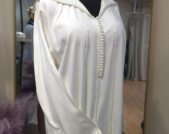 Handmade Moroccan Jellaba Abaya: Embroidered White Rayon Dress,Price including USA Duties tariff